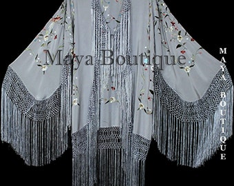 Embroidered Silk Fringe Jacket Kimono Short Silver Gray Multi Birds Flower Maya
