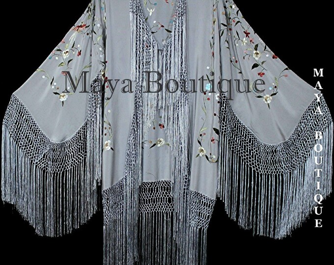 Embroidered Silk Fringe Jacket Kimono Short Silver Gray Multi Birds Flower Maya