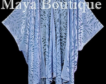 Maya Matazaro Hand Dyed Serenity Blue Camellia Burnout Velvet Caftan Kimono Jacket USA Made