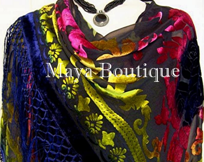 Silk Burnout Velvet Piano Shawl Wrap Scarf Tye Dye Blue Maya Matazaro