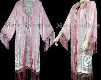 Rose Quartz Silk Burnout Velvet Fringes Jacket Kimono Long Coat Maya Matazaro