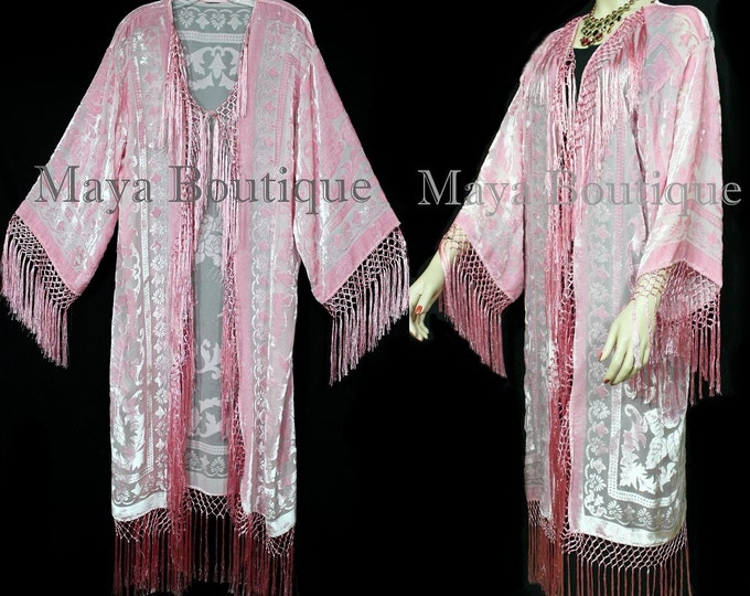 Rose Quartz Silk Burnout Velvet Fringes Jacket Kimono Long Coat Maya Matazaro