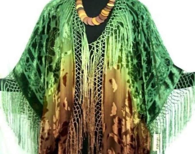 Wearable Art Kimono Caftan Fringe Jacket Silk Burnout Velvet Hand Dyed Green and Brown