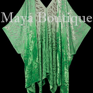 May include: A green velvet kimono with a floral pattern. The kimono has a V-neck and is made of a soft, flowing fabric.