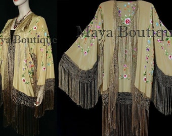 Embroidered Silk Fringe Jacket Flamenco Kimono Antique Gold Multi Maya Matazaro