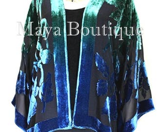 Silk Velvet Jacket Short Kimono No Fringe Hand Dyed Green Blue Maya Matazaro
