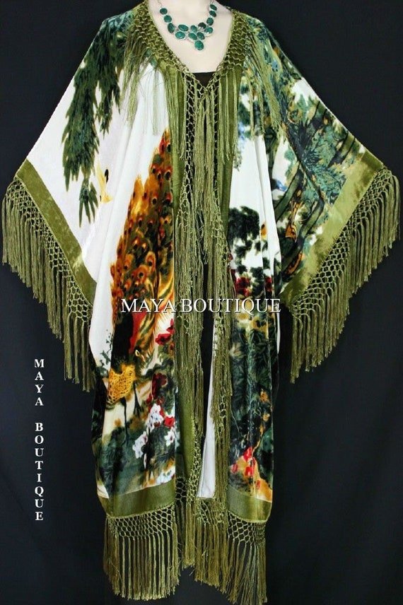 Peacock Ivory Multi Fringe Jacket Kimono Duster Si