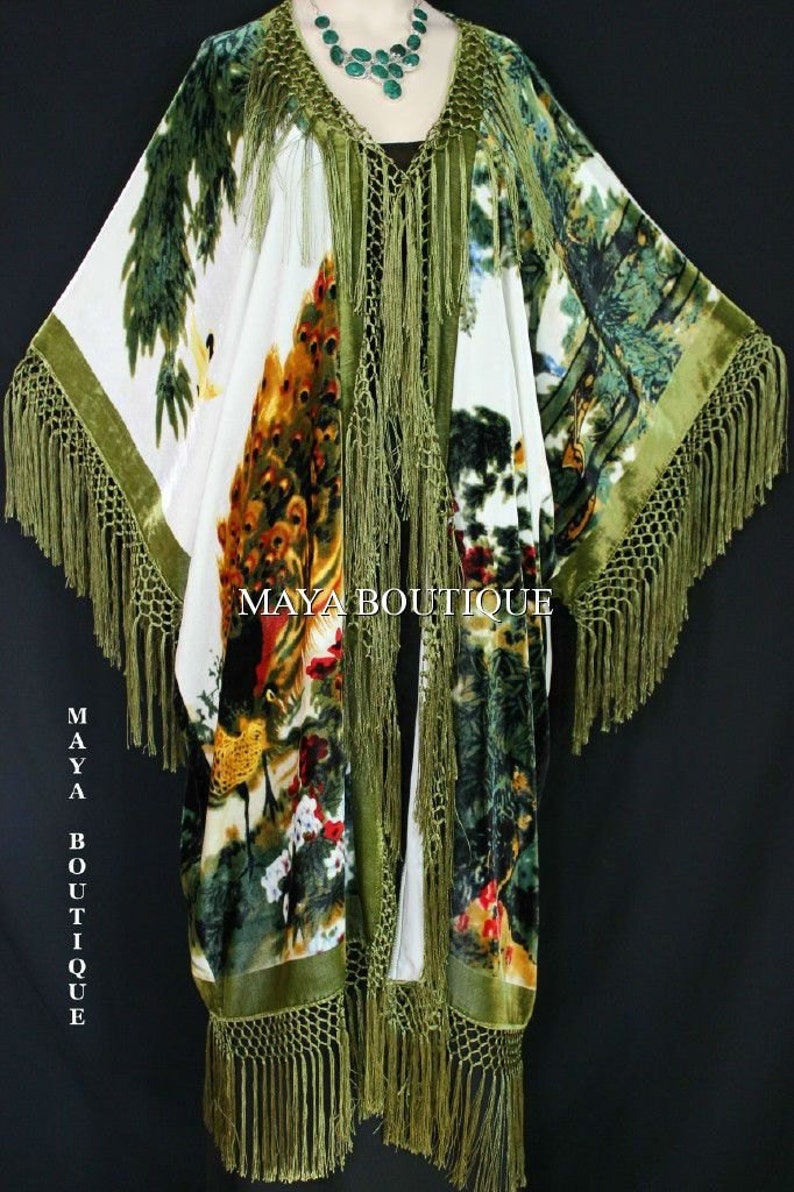 Peacock Ivory Multi Fringe Jacket Kimono Duster Silk Solid Velvet Maya ...