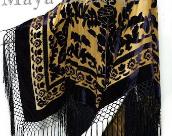 Maya Matazaro Black & Antique Gold Silk Burnout Velvet Poncho Fringed Shawl Top