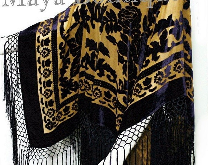 Maya Matazaro Black & Antique Gold Silk Burnout Velvet Poncho Fringed Shawl Top