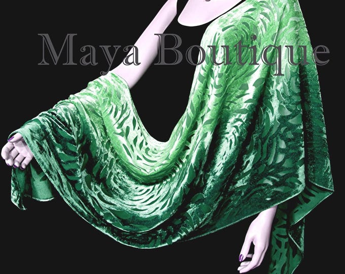 Maya Matazaro Hand Dyed Emeral Green Camellia Shawl Wrap Scarf Burnout Velvet