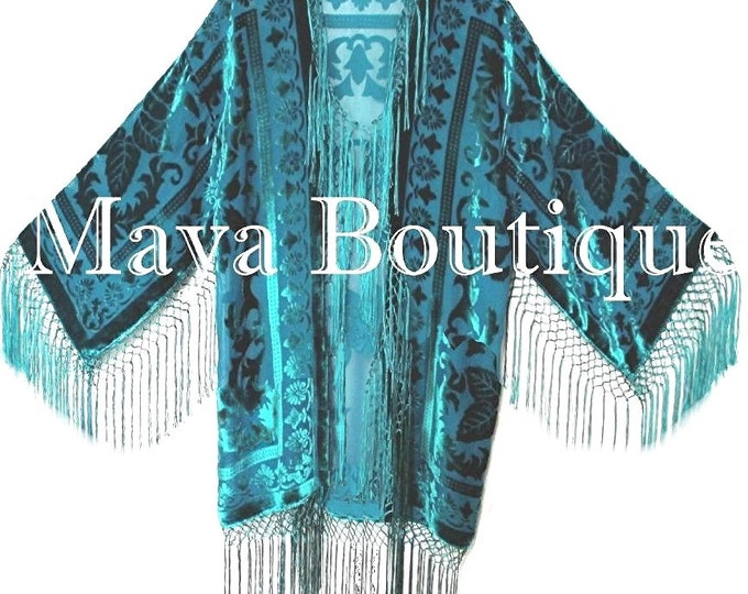 Turquoise Teal Silk Burnout Velvet Fringe Jacket Short Kimono Hand Dyed Maya Matazaro