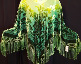 Silk burnout velvet Poncho Shawl Top Lime and Green Hand Dyed by Maya