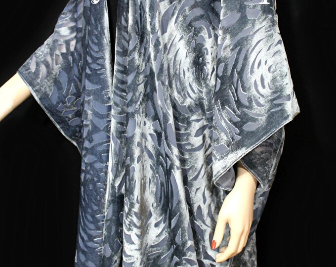 Dusk Gray Camellia Burnout Velvet Caftan Kimono Jacket Maya Matazaro Hand Dyed USA Made