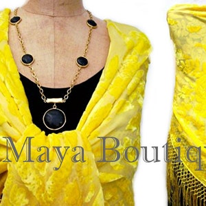 Buttercup Yellow Silk Burnout Velvet Piano Shawl Fringe Wrap Scarf Hand Dyed Maya Matazaro