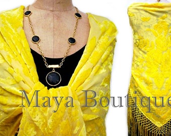 Buttercup Yellow Silk Burnout Velvet Piano Shawl Fringe Wrap Scarf Hand Dyed Maya Matazaro