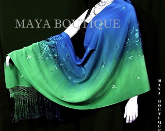 Embroidered Silk Wrap Shawl Scarf Hand Dyed Emerald & Sapphire Maya Matazaro