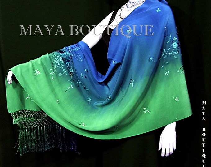 Embroidered Silk Wrap Shawl Scarf Hand Dyed Emerald & Sapphire Maya Matazaro