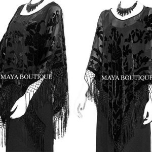 Schwarze Seide Burnout Samt Poncho Schal Fransen Top Maya Matazaro One Size