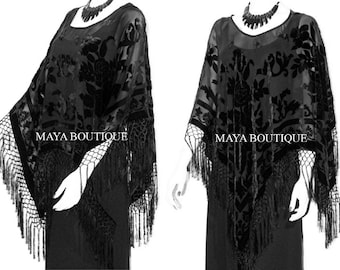 Black Silk Burnout Velvet Poncho Shawl Fringe Top Maya Matazaro One Size