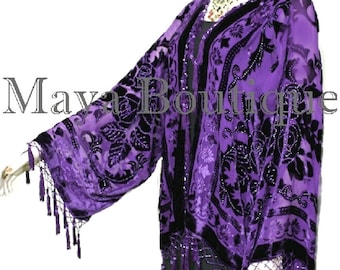 Dark Purple Beaded Kimono Fringe Jacket SILK Burnout Velvet Short Maya Matazaro Plus Size