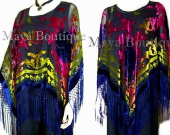 Tye Dye Pink Blue Multi Silk Burnout Velvet Poncho Shawl Fringe Top Maya Matazaro One Size