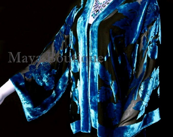 Silk Burnout Velvet Jacket Short Kimono Blue & Black No Fringe Maya Matazaro