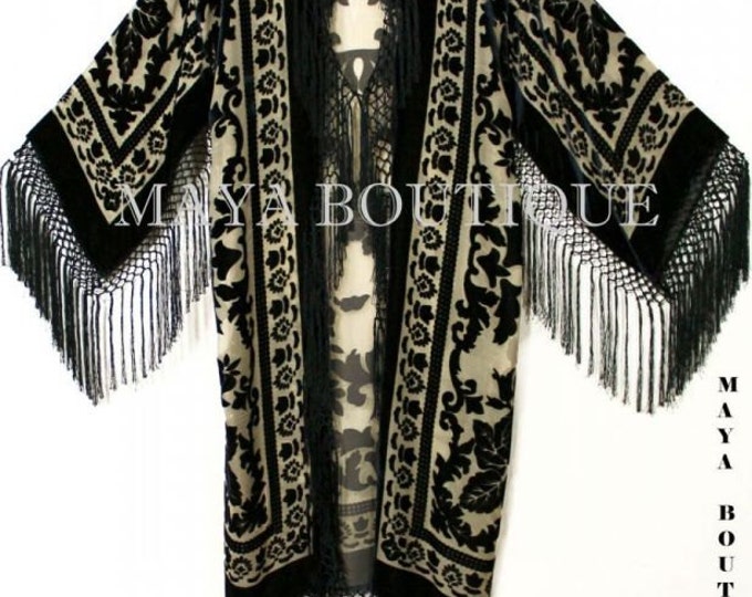 Beige & Black Silk Burnout Velvet Fringes Jacket Kimono Long Coat Maya Matazaro