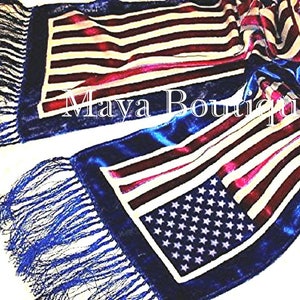 American USA Flag Silk Burnout Velvet Scarf Wrap with Fringes Maya Matazaro Original Design