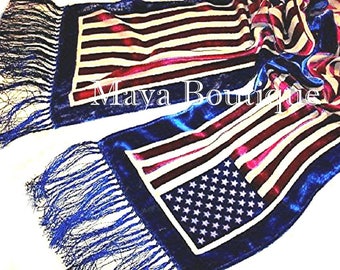 American USA Flag Silk Burnout Velvet Scarf Wrap with Fringes Maya Matazaro Original Design