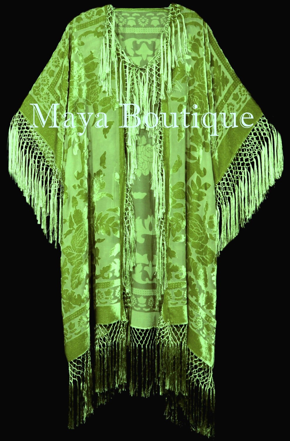 Fringe Jacket Kimono Silk Burnout Velvet Olive Green 