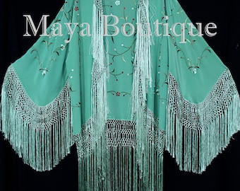 Embroidered Silk Fringe Jacket Kimono Tiffany Green Hand Dyed Maya Matazaro USA Made