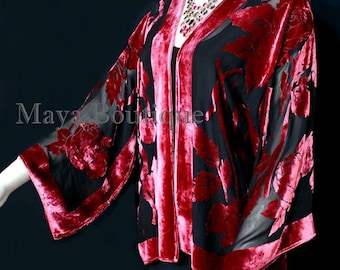 Poppy Red Silk Burnout Velvet Jacket Short Kimono Style No Fringe Maya Matazaro