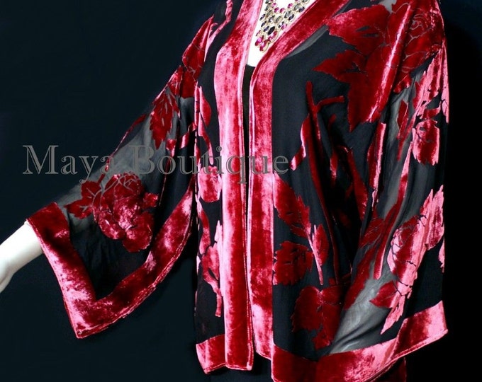 Poppy Red Silk Burnout Velvet Jacket Short Kimono Style No Fringe Maya Matazaro