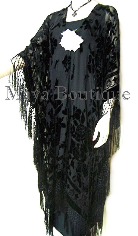 Caftan Duster Fringe Jacket Kimono Opera Coat Black Burnout | Etsy