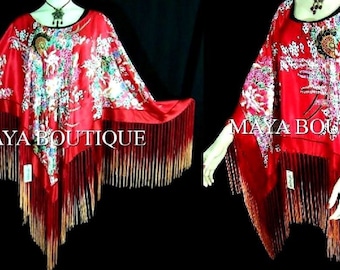 Stunning RED Dancing Fringes Silk Poncho Shawl Top MAYA MATAZARO