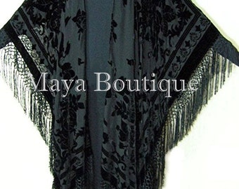Caftan Duster Fringe Jacket Kimono Opera Coat Black Burnout Velvet Maya Matazaro