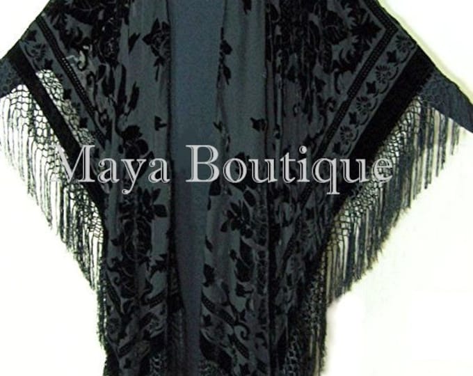 Caftan Duster Fringe Jacket Kimono Opera Coat Black Burnout Velvet Maya Matazaro
