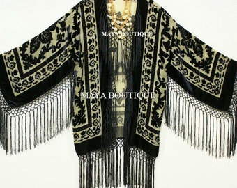 Silk Burnout Velvet Fringe Jacket Kimono Bolero Beige & Black Maya Matazaro