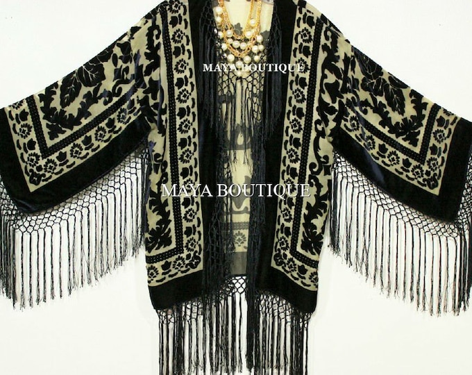 Silk Burnout Velvet Fringe Jacket Kimono Bolero Beige & Black Maya Matazaro
