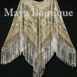 Beige Seide Ausbrenner Samt Poncho Schal Fransen Top Maya Matazaro One Size