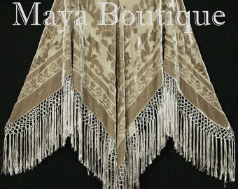 Beige Silk Burnout Velvet Poncho Shawl Fringe Top Maya Matazaro One Size