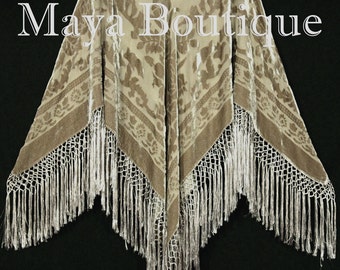 Beige Silk Burnout Velvet Poncho Shawl Fringe Top Maya Matazaro One Size