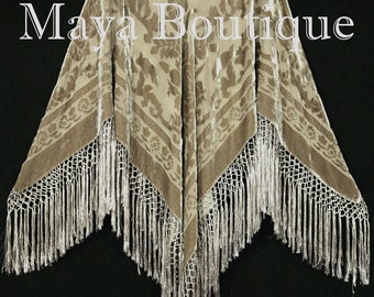 Beige Silk Burnout Velvet Poncho Shawl Fringe Top Maya Matazaro One Size