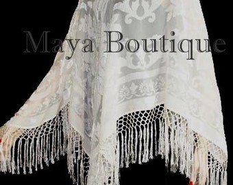 IVORY Silk Burnout Velvet Poncho Shawl Fringe Top Maya Matazaro One Size