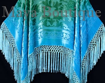 Jade Turquoise Burnout Velvet Poncho Shawl Top Ombree Hand Dye Maya Matazaro