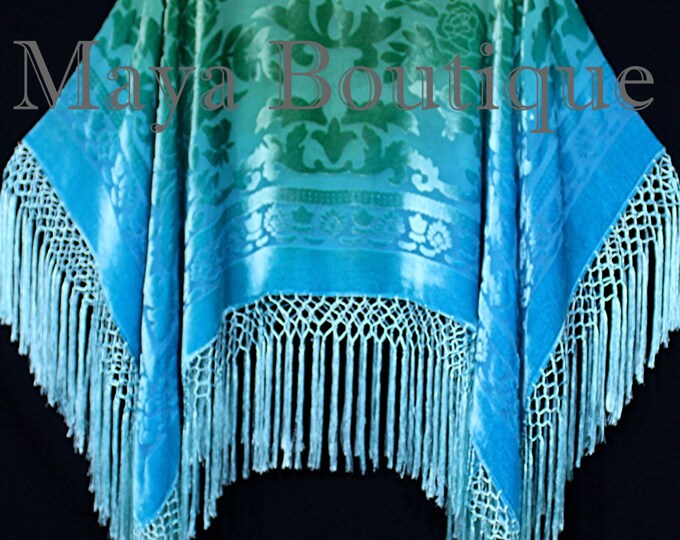 Jade Turquoise Burnout Velvet Poncho Shawl Top Ombree Hand Dye Maya Matazaro