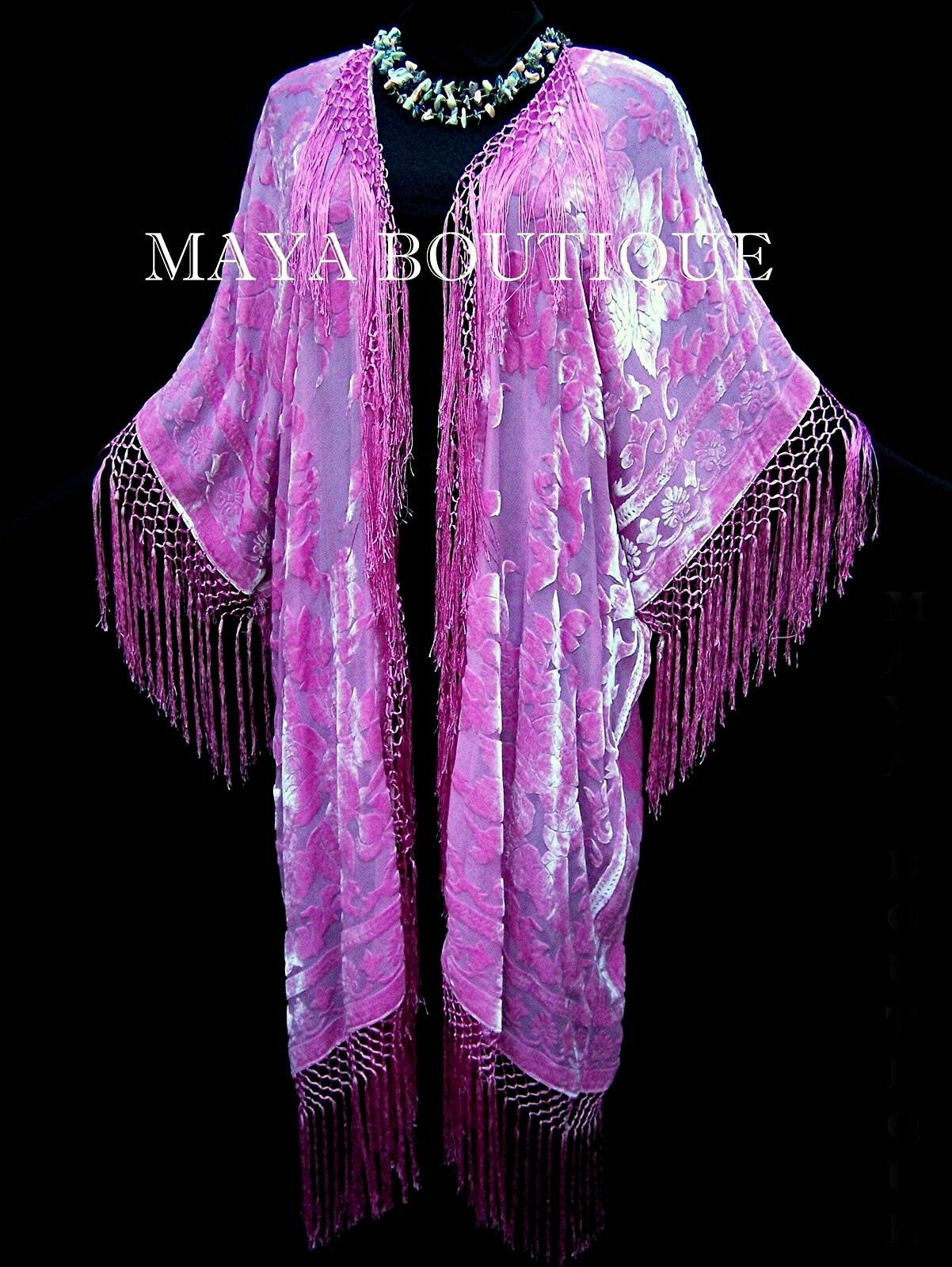 Fringe Jacket Kimono Etsy Candy Duster Pink Burnout Maya Plus - Velvet Silk Matazaro