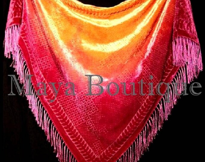 Hand Dyed Shawl Burnout Velvet Triangle Fuchsia & Coral Maya Matazaro