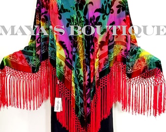 WEARABLE ART Red Multi Burnout Velvet Poncho Shawl Fringe Top Maya Matazaro One Size